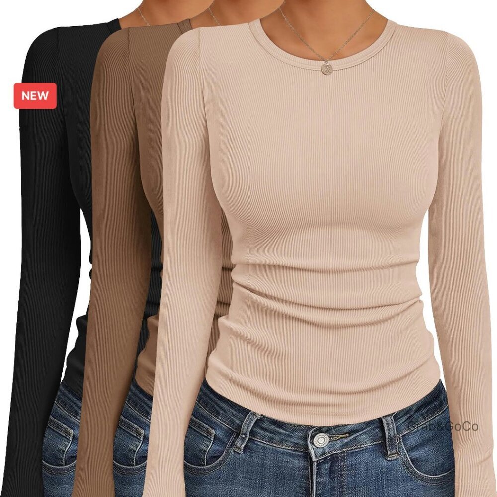 Ribbed Knit Long Sleeve Thermal Tops Stretchy Fitted Minimal Chic Layering